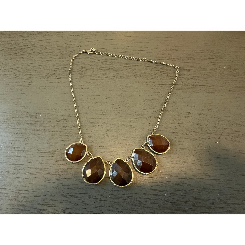 Gold Tone Amber Brown Faceted Teardrop Bib Statement Necklace Adjustable Clasp